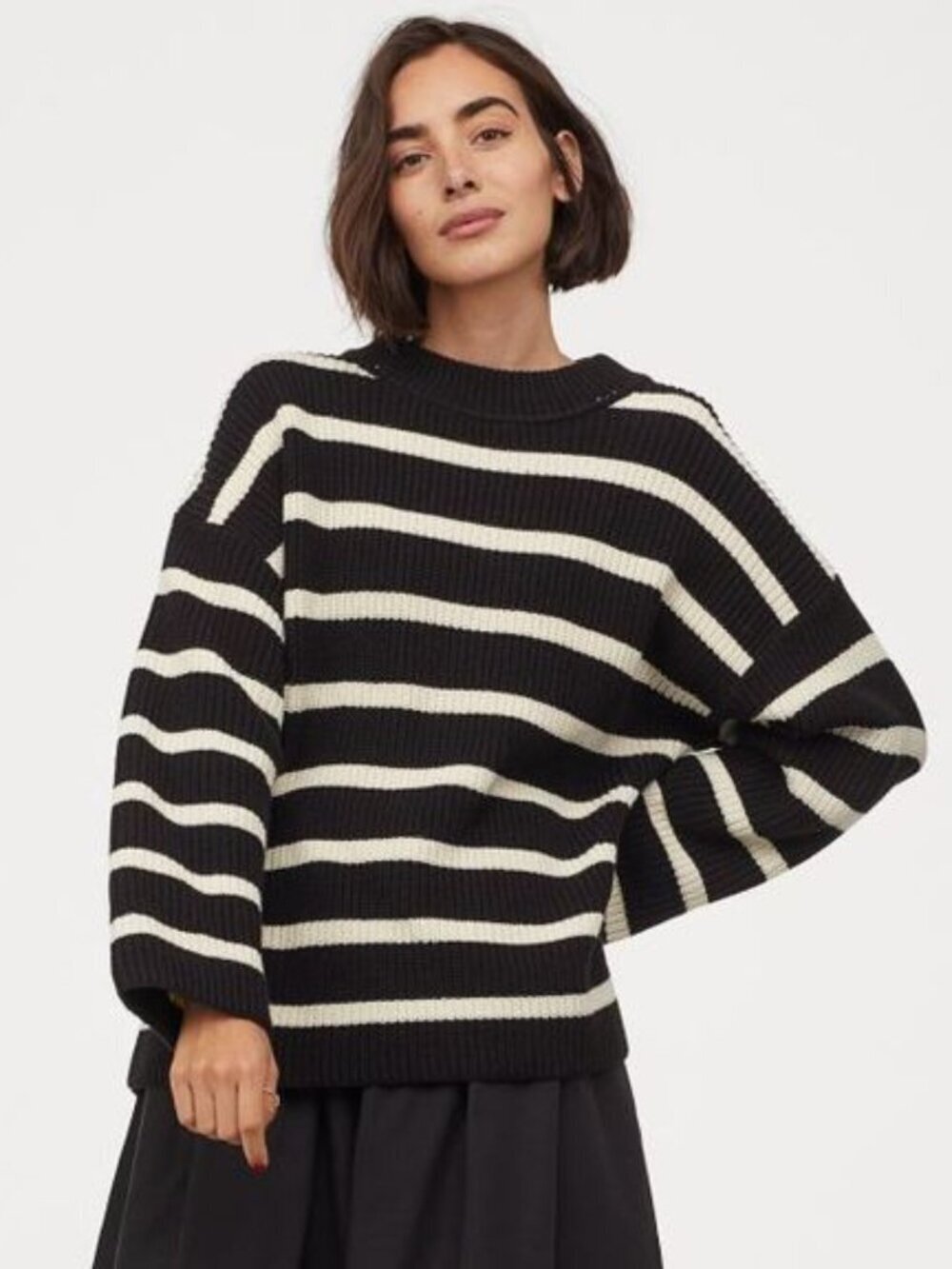 H&M Black Ivory Striped Cotton Chunky Rib Knit Crew Neck Loose Sweater, Size S - Picture 2 of 12